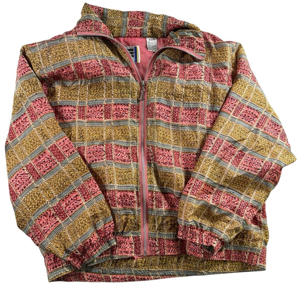 Vintage 80s EVR Rousso Silk Windbreaker Jacket Pink Gold Plaid Floral PM
